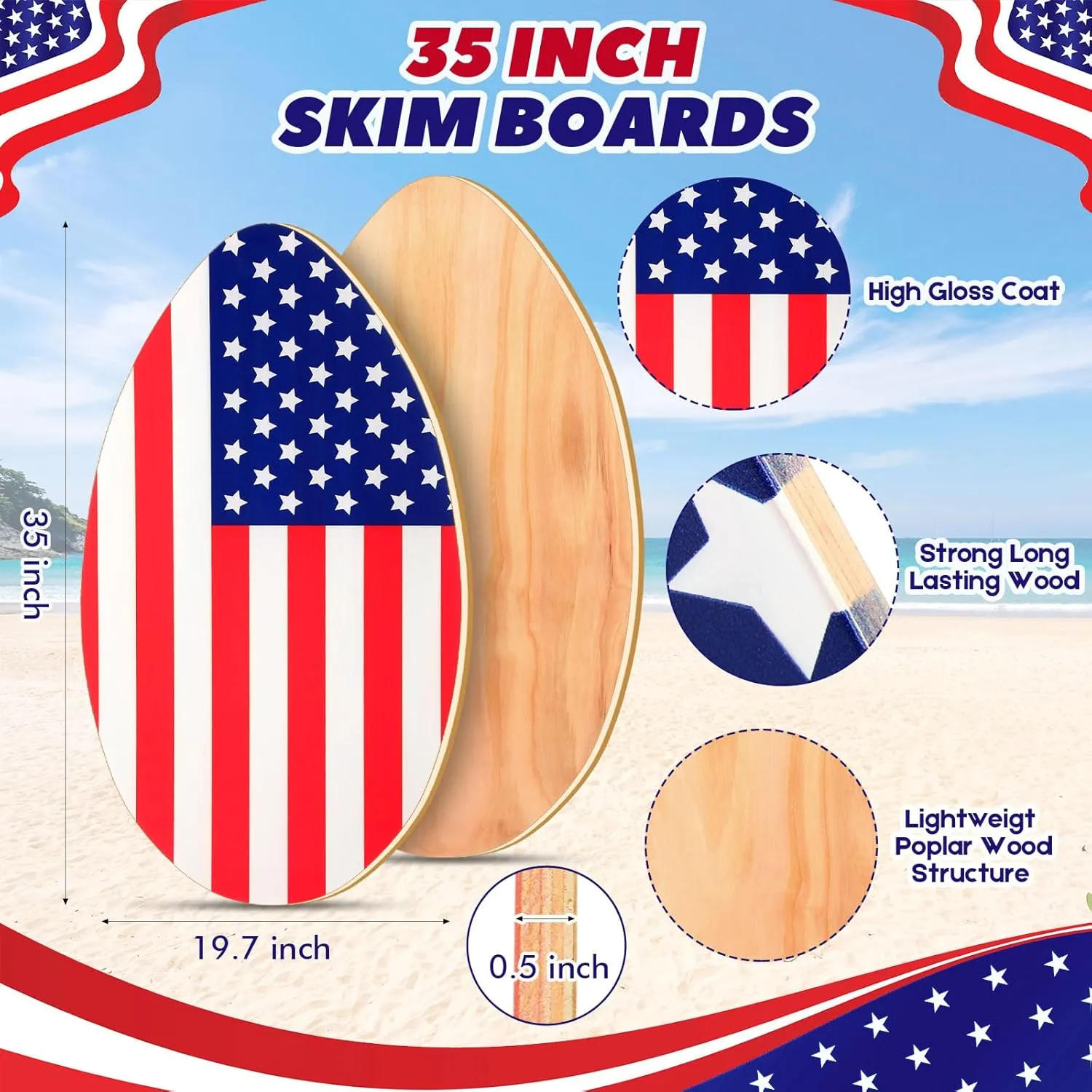 35 Inch Skim Board with High Gloss Coat Wooden Skimboard Lightweight Wood Body for Beach Beginners, Teenagers, and Adults