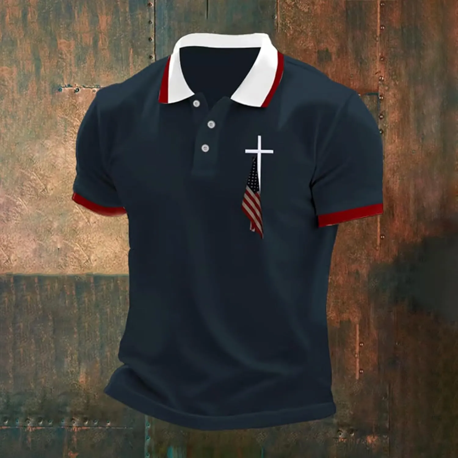 4th of July Shirts for Men American Flag Christian Cross Polo Shirt Golf Patriotic T-Shirts Vintage Summer Tops