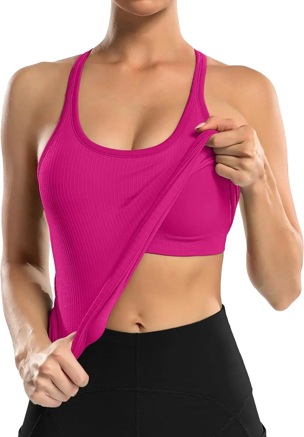 ATTRACO Ribbed Workout Tank Tops for Women with Built in Bra Tight Racerback Scoop Neck Athletic Top