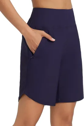 baleaf Women's 9" Long Swim Board Shorts with Zipper Pockets High Waisted Tummy Control Beach Shorts with Liner
