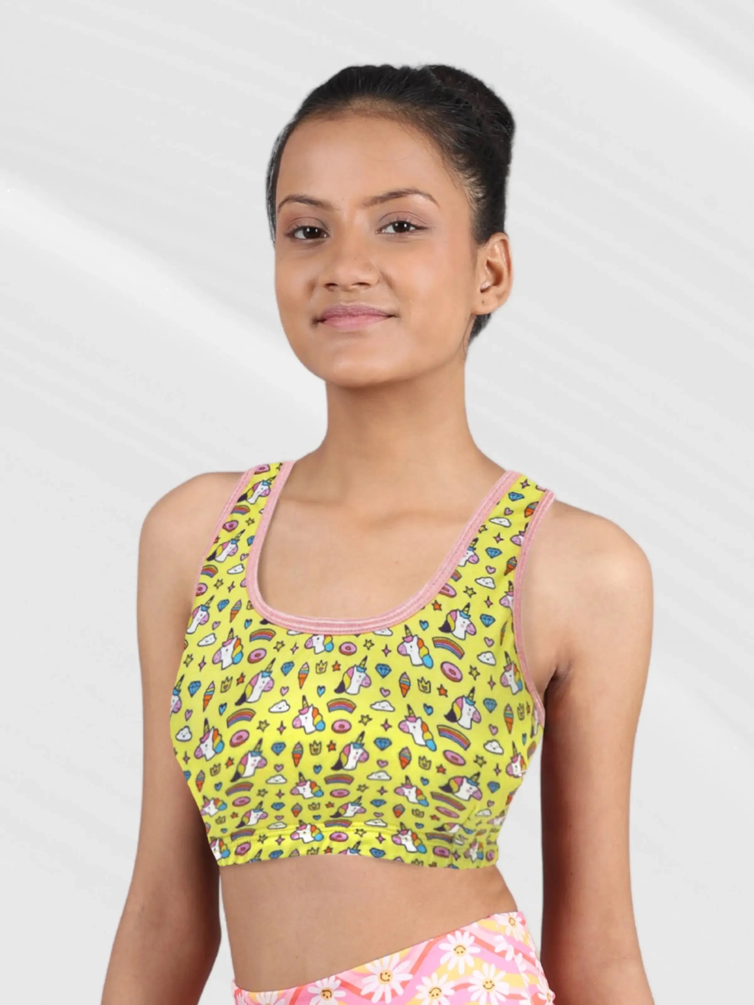 Double-layer Broad Strap Cotton Teen Sports Bras | Non Padded Beginner Bra For Girls | Pack of 1 Printed Bra