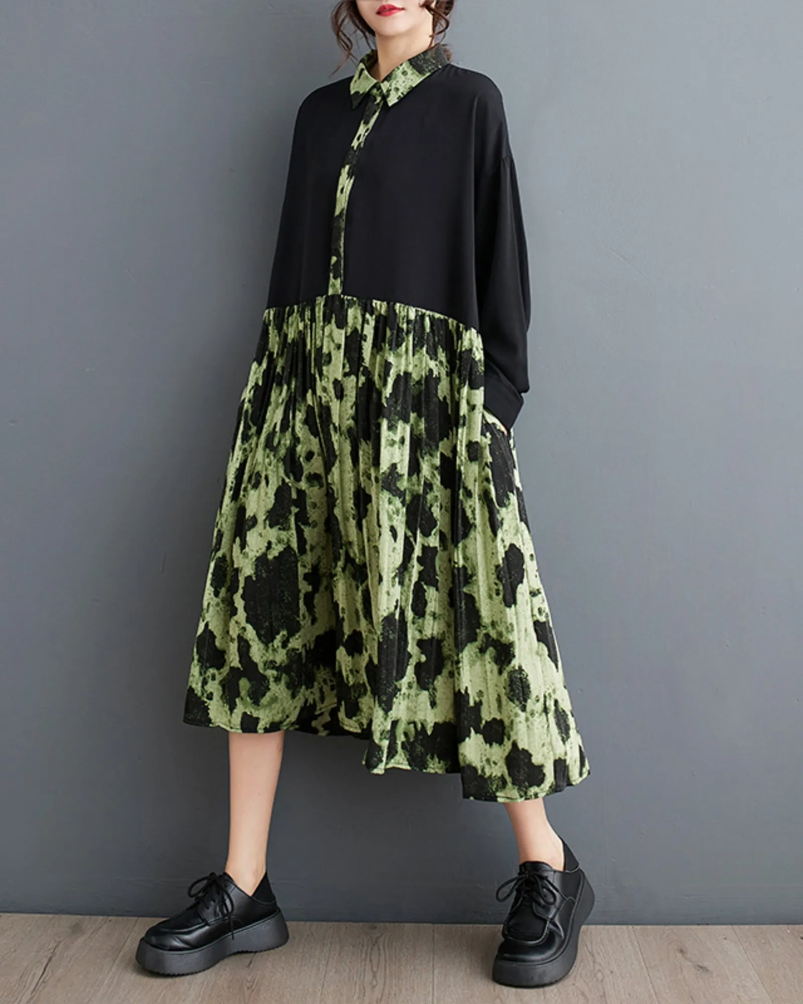 ellazhu Women's Long Sleeves Button Down Patchwork Floral Print Shirt Dress GZ154