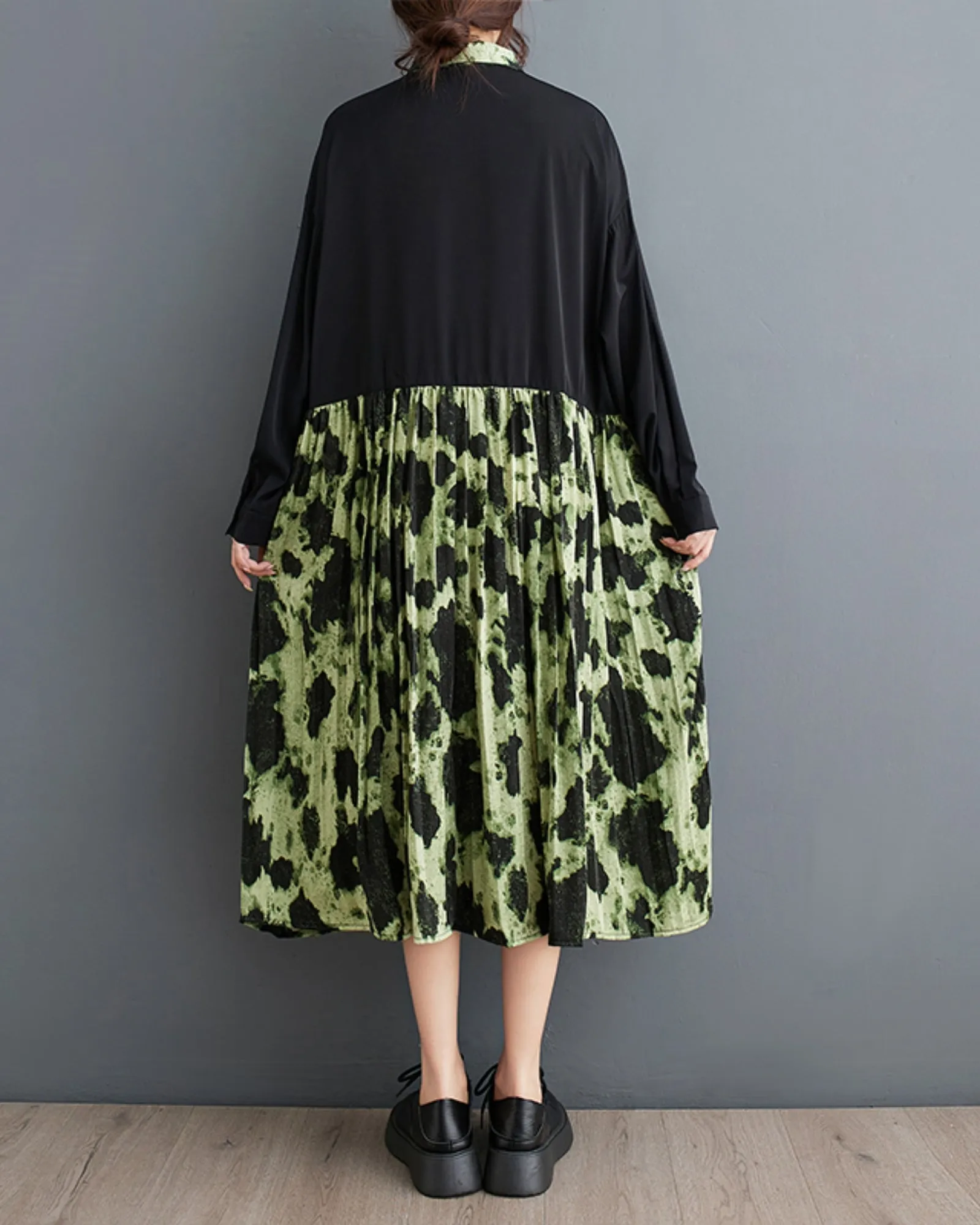 ellazhu Women's Long Sleeves Button Down Patchwork Floral Print Shirt Dress GZ154