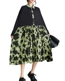 ellazhu Women's Long Sleeves Button Down Patchwork Floral Print Shirt Dress GZ154