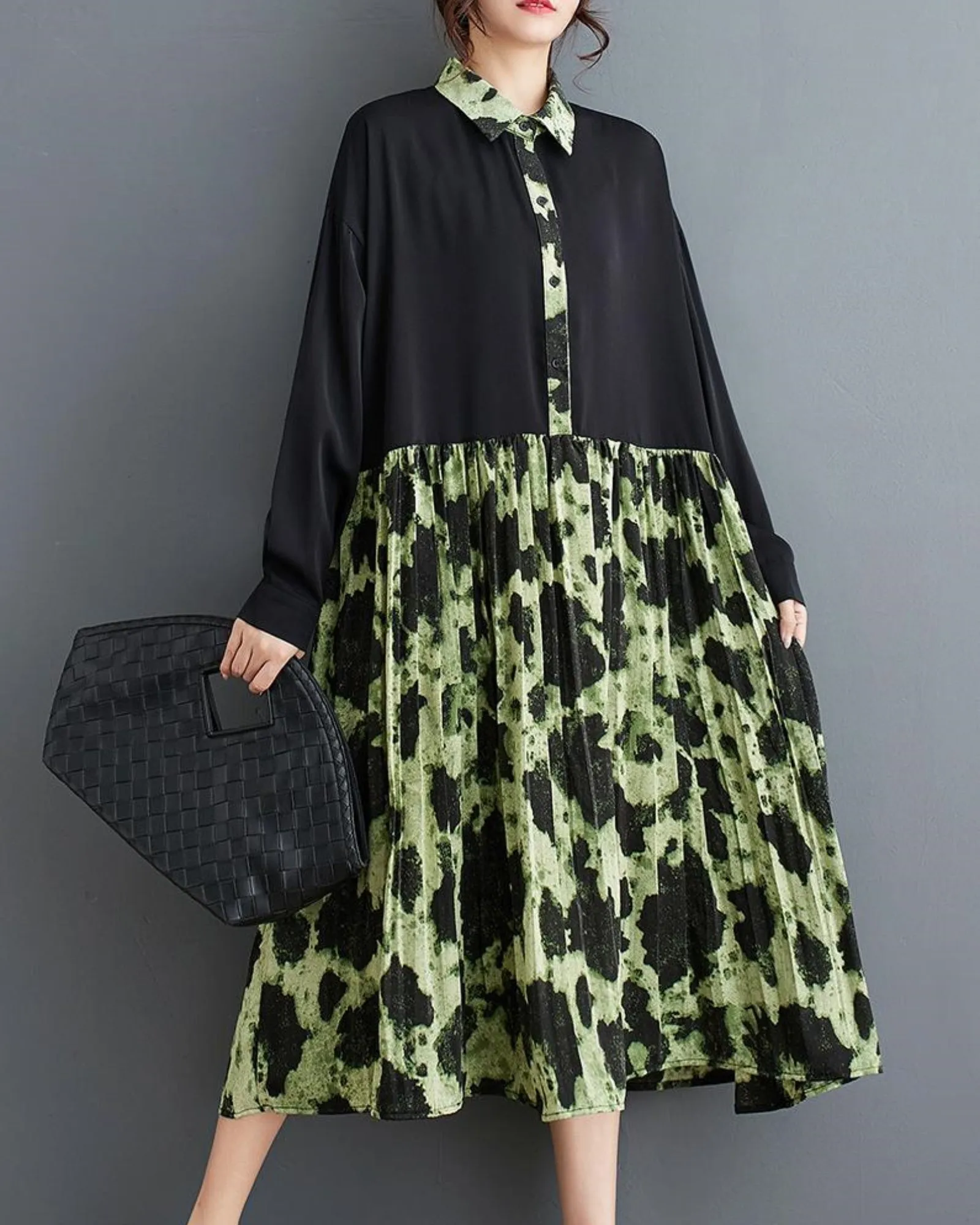 ellazhu Women's Long Sleeves Button Down Patchwork Floral Print Shirt Dress GZ154