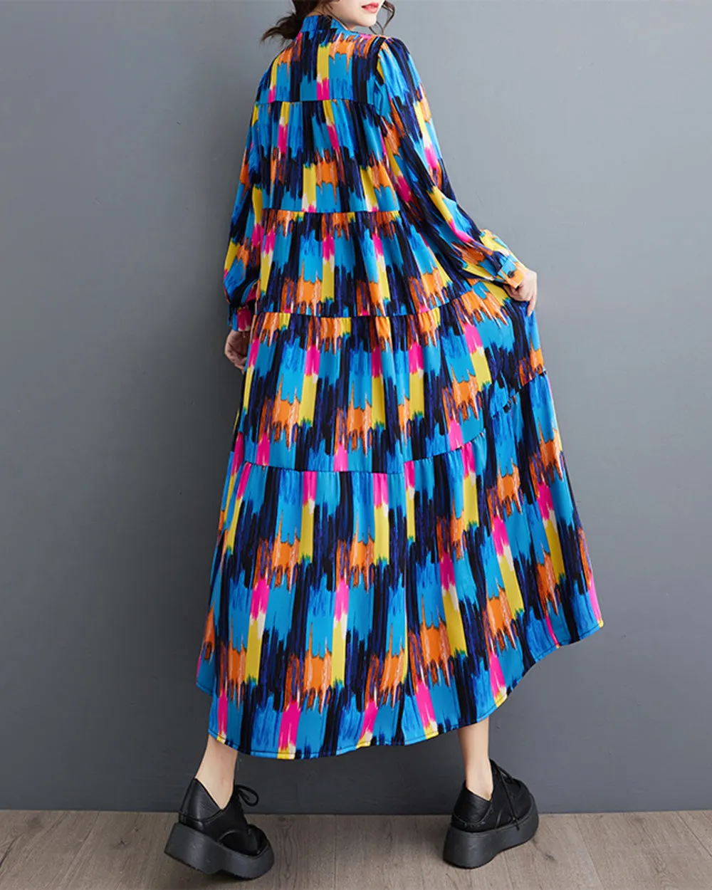 ellazhu Women's Long Sleeves Patchwork Floral Print Flowy Hem Dress GZ157