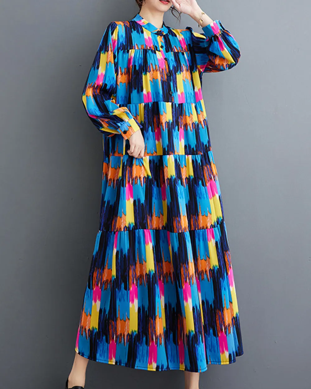 ellazhu Women's Long Sleeves Patchwork Floral Print Flowy Hem Dress GZ157