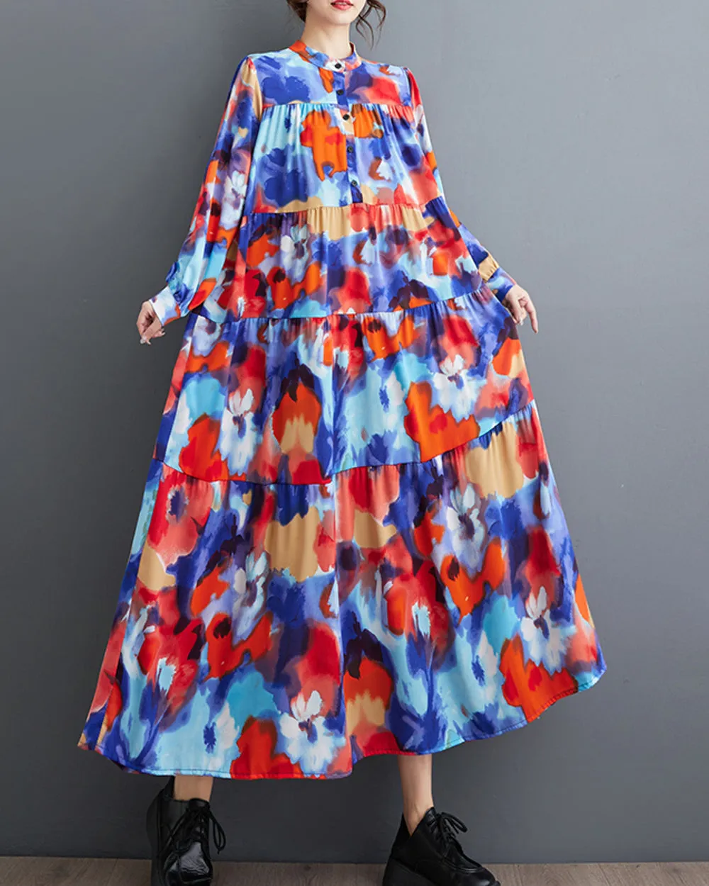 ellazhu Women's Long Sleeves Patchwork Floral Print Flowy Hem Dress GZ157