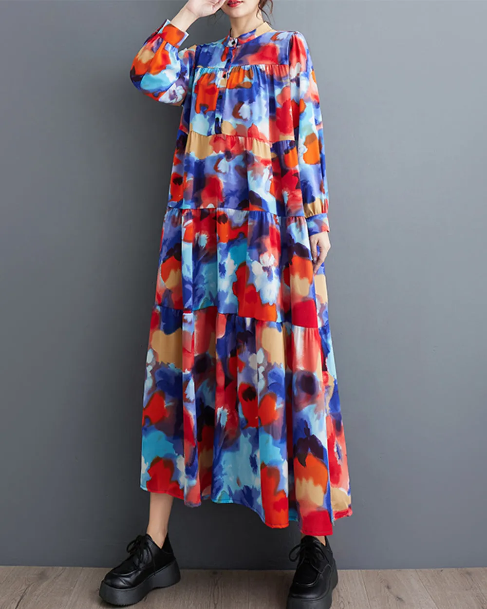 ellazhu Women's Long Sleeves Patchwork Floral Print Flowy Hem Dress GZ157