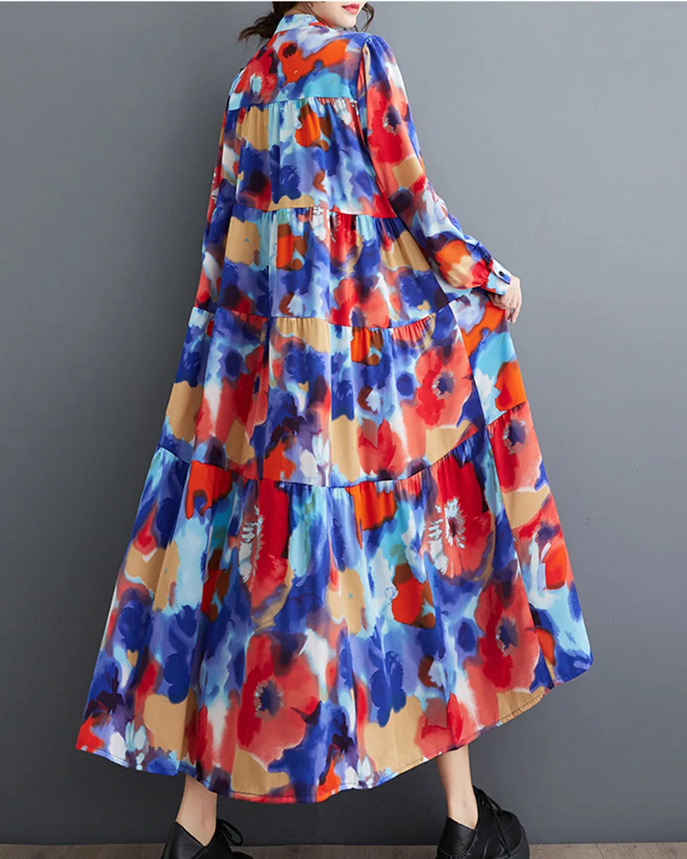 ellazhu Women's Long Sleeves Patchwork Floral Print Flowy Hem Dress GZ157