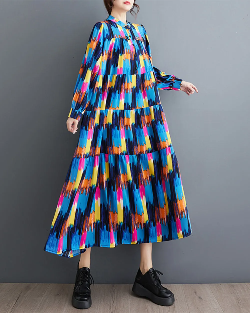 ellazhu Women's Long Sleeves Patchwork Floral Print Flowy Hem Dress GZ157