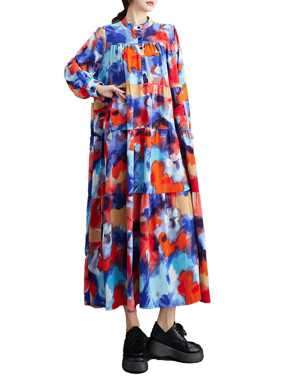 ellazhu Women's Long Sleeves Patchwork Floral Print Flowy Hem Dress GZ157