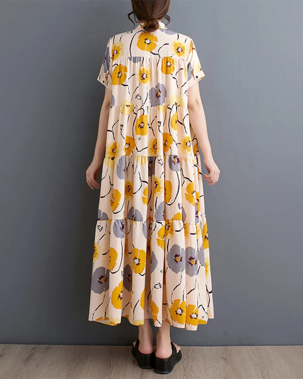ellazhu Women's Short Sleeves Floral Print Maxi Length Casual Flowy Hem Dress GZ196