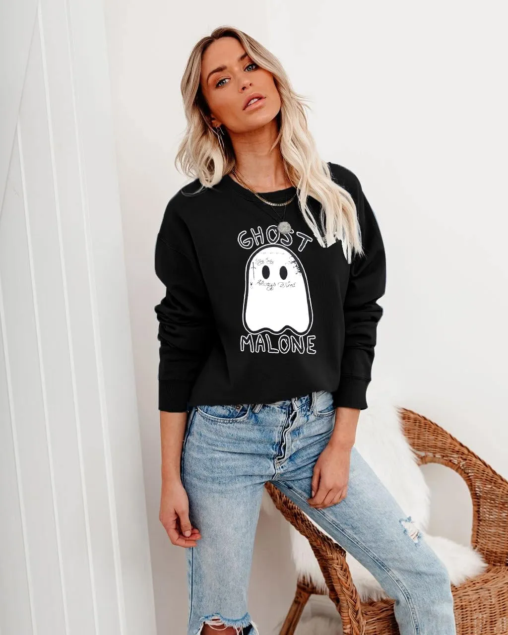 FASHGL Ghost Sweatshirt Women Funny Halloween Pullover Spooky Graphic Blouse Casual Long Sleeve Tee Tops