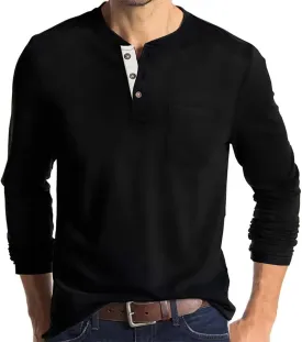 Lexiart Mens Fashion Henley Shirts Long Sleeve Button Cotton T-Shirt with Pocket