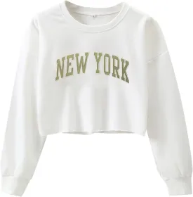 LovelyWholesale Women Graphic Crewneck Sweatshirts Casual Long Sleeve Cropped Tops