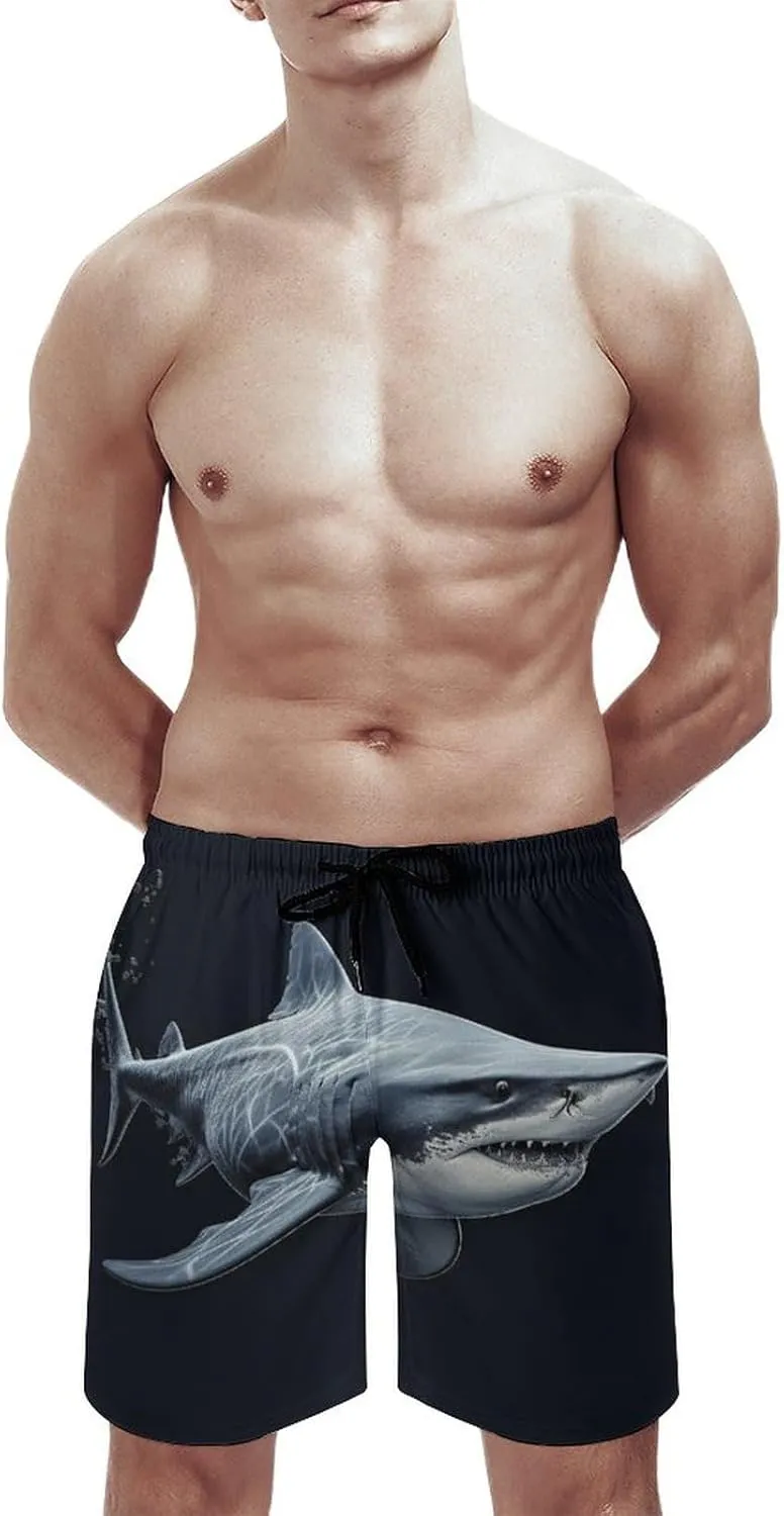 Men's Sharks Swim Trunks, Quick Dry Beach Board Shorts with Mesh Lining and Pockets