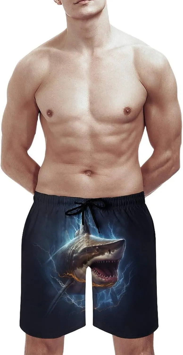 Men's Sharks Swim Trunks, Quick Dry Beach Board Shorts with Mesh Lining and Pockets