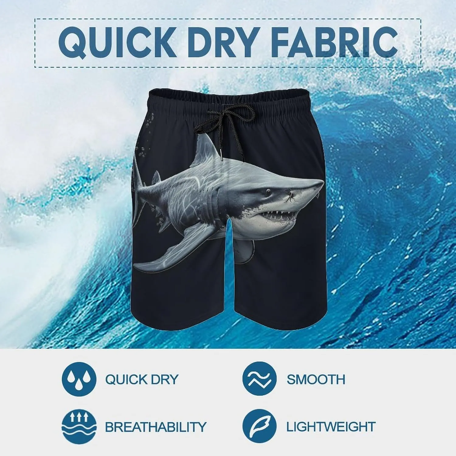 Men's Sharks Swim Trunks, Quick Dry Beach Board Shorts with Mesh Lining and Pockets