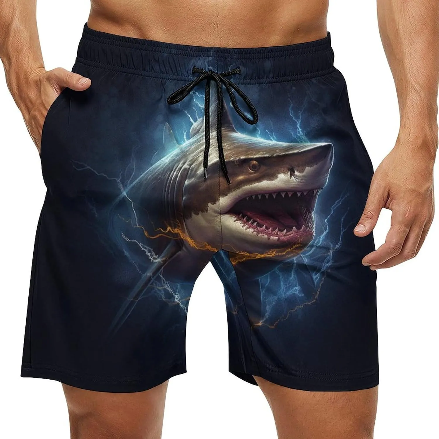 Men's Sharks Swim Trunks, Quick Dry Beach Board Shorts with Mesh Lining and Pockets