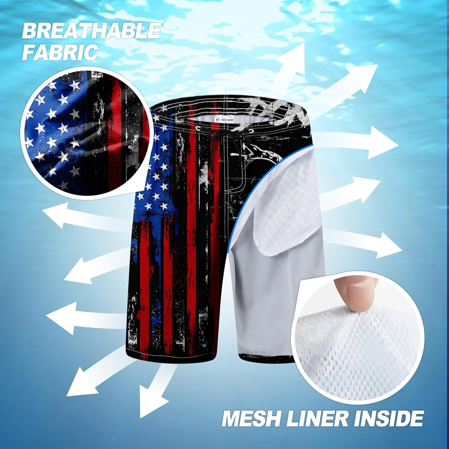 Mens Swim Trunks Quick Dry Board Shorts with Mesh Lining, Breathable Surf Beach Shorts Swimwear Bathing Suits