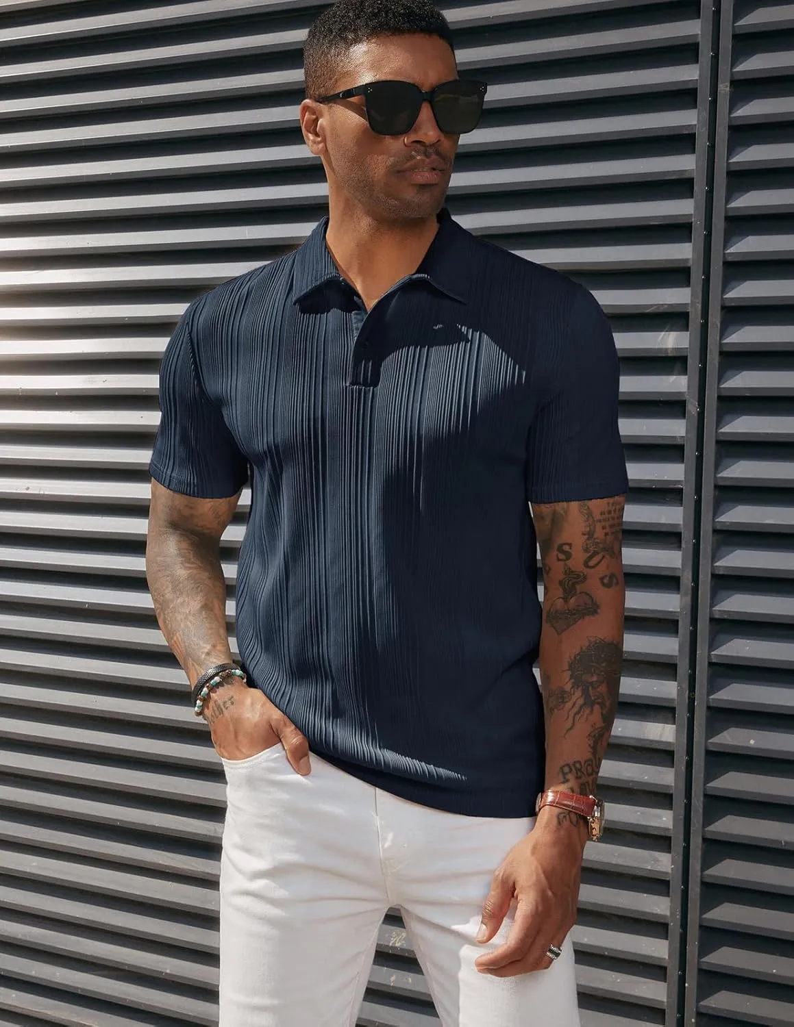 PJ PAUL JONES Mens Textured Knit Polo Shirts Regular Fit Stretchy Golf Shirts