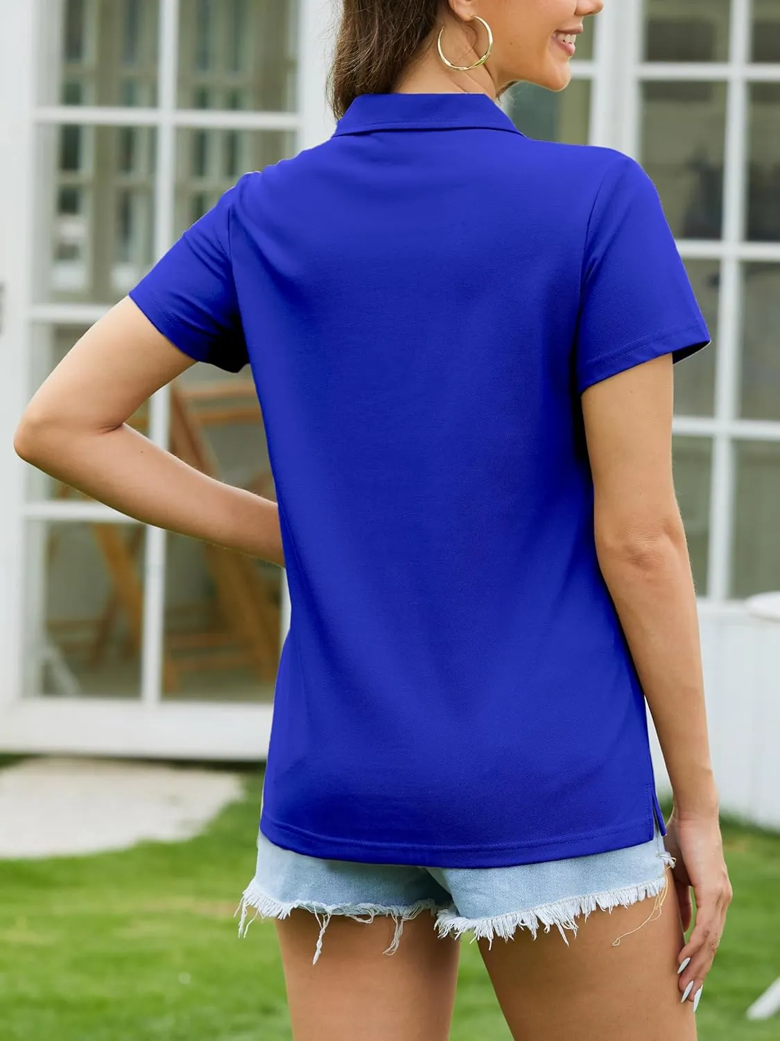 SMENG Women's Polo Shirts Cotton Pique Short Sleeve Summer Tops Collared V-Neck Work,Casual,Golf Shirt