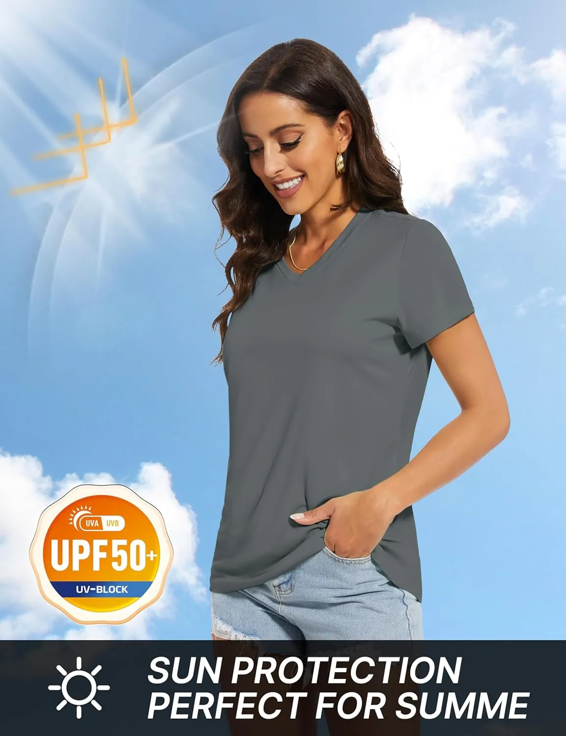 TACVASEN Workout Tops for Women UPF 50  Sun Protection V-Neck T Shirts Short Sleeve Quick Dry Athletic Running Shirts