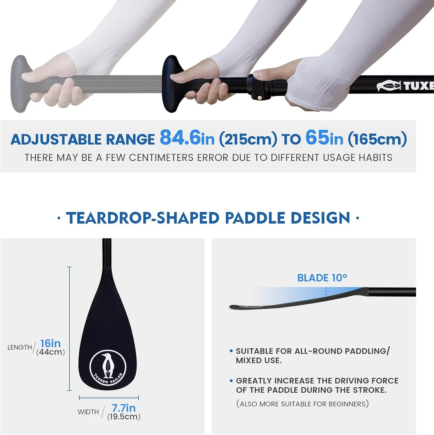 Tuxedo Sailor SUP Paddle - 3 Piece Adjustable Stand Up Paddle Board Paddle - Lightweight & Floating Paddle Board Oar - Durable and Packable, Reinforced Nylon Blades - Efficient Stroke