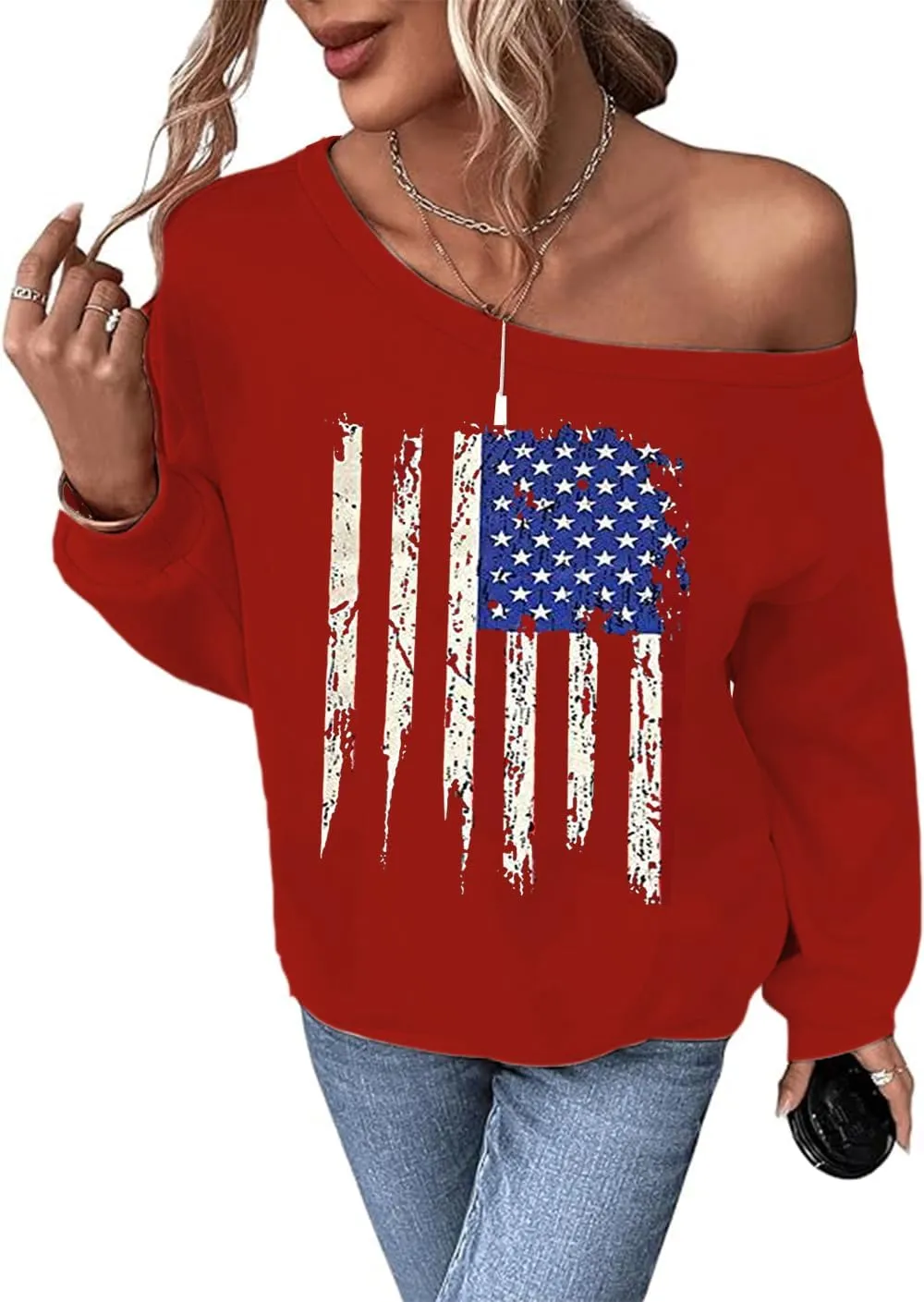 Womens Holiday Off the Shoulder Long Sleeve Loose Slouchy Sweatshirt Pullover Letter Printed Tops