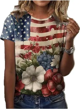 Women's Independence Day Round Neck Retro Floral Print Casual Retro T-Shirt