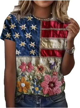 Women's Independence Day Round Neck Retro Floral Print Casual Retro T-Shirt