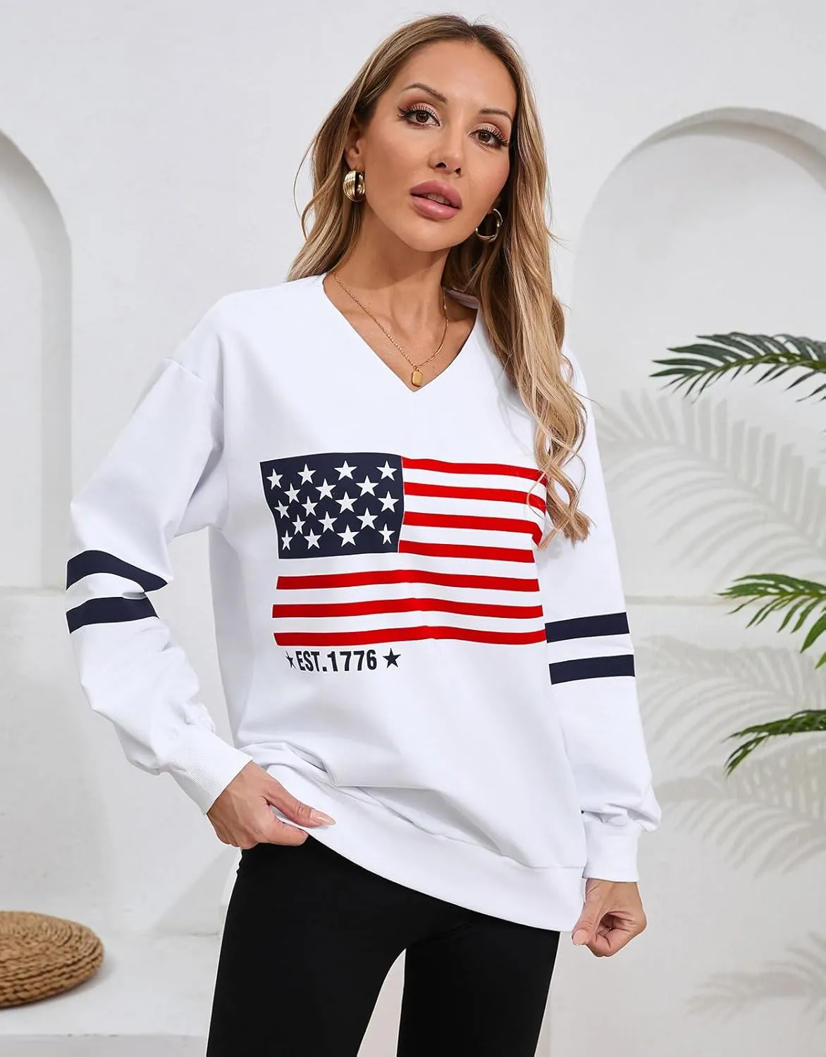 Women's Long Sleeve V Neck Colorblock Sweatshirts Loose Casual Patriotic flag Pullover Shirt