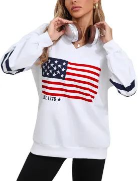 Women's Long Sleeve V Neck Colorblock Sweatshirts Loose Casual Patriotic flag Pullover Shirt