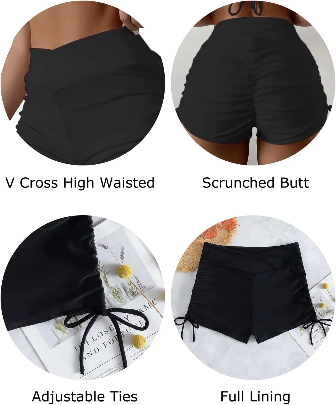Women's V Cross High Waisted Swim Shorts Ruched Side Tie Boy Shorts Swimsuit Bottoms with Liner