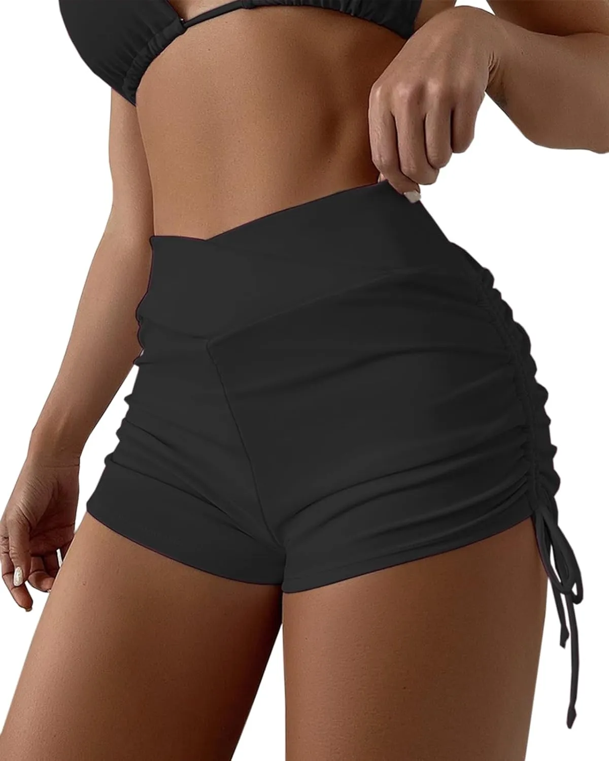 Women's V Cross High Waisted Swim Shorts Ruched Side Tie Boy Shorts Swimsuit Bottoms with Liner