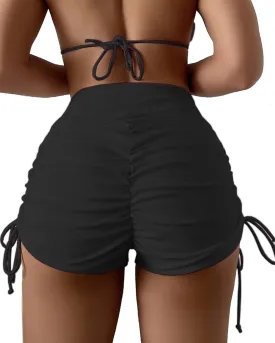 Women's V Cross High Waisted Swim Shorts Ruched Side Tie Boy Shorts Swimsuit Bottoms with Liner