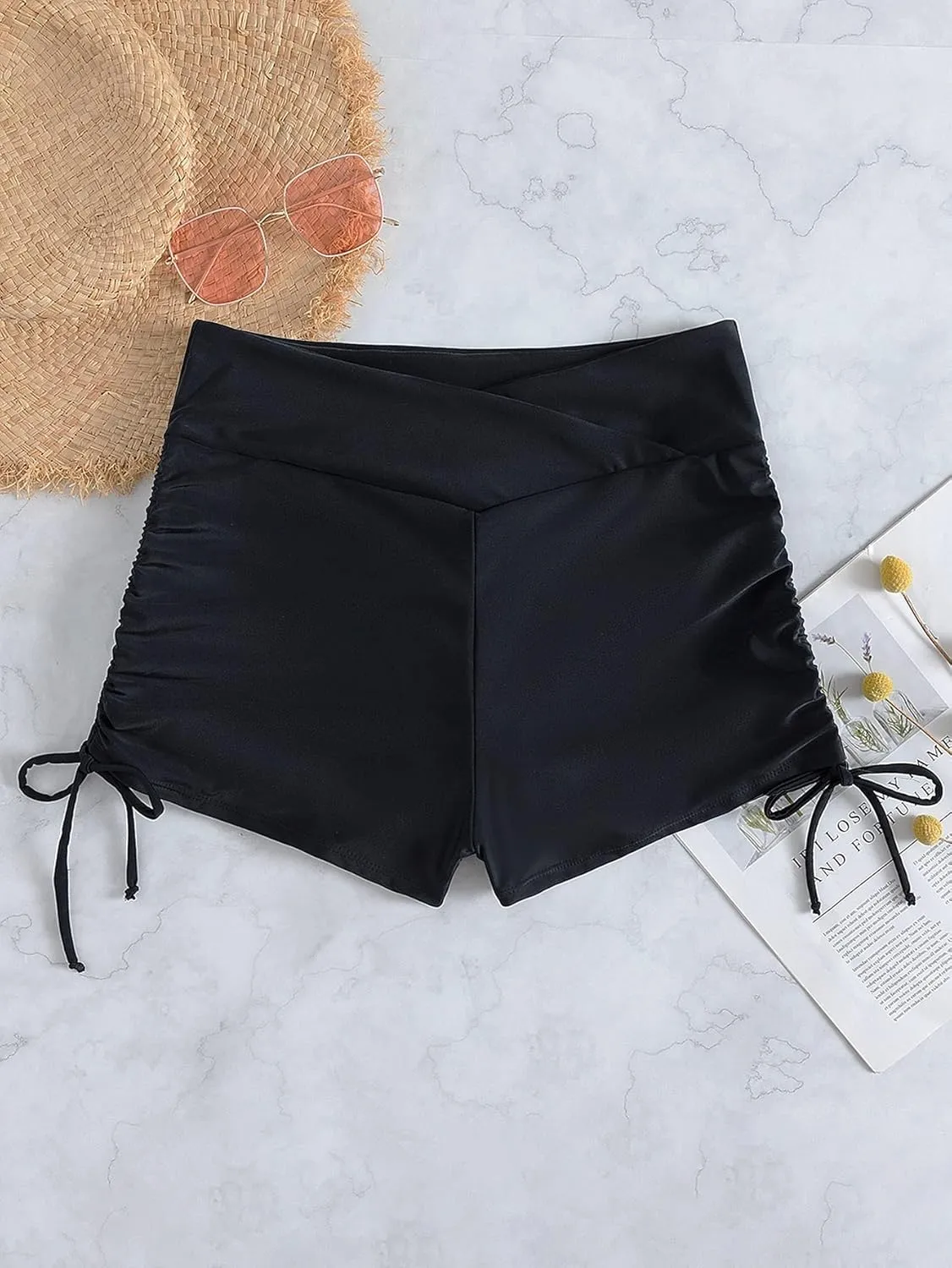 Women's V Cross High Waisted Swim Shorts Ruched Side Tie Boy Shorts Swimsuit Bottoms with Liner